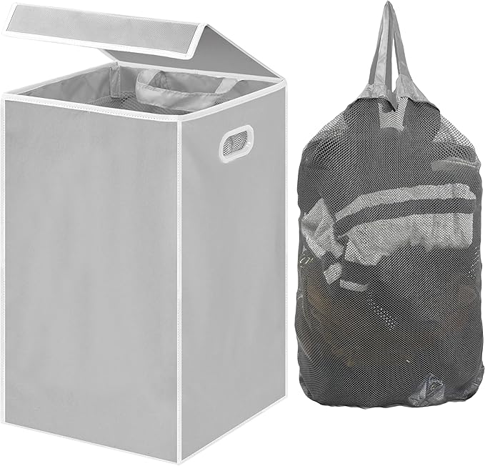 Simple Houseware Foldable Laundry Hamper Basket with Lid and Removable Bag, Gray