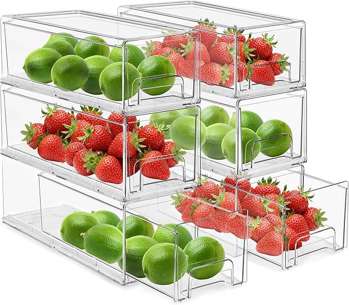 Sorbus Small Wide Clear Storage Drawers (6 Pack) – Stackable Storage Drawers for Pantry, Fridge, or Cabinet – Slide Out Clear Bins with Handles for Organizing