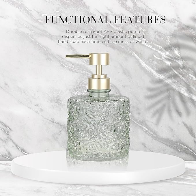 Marcella Glass Soap Dispenser with Soap Pump, Refillable 14 Ounce Capacity, Floral Design Rose Patterns, Heavy Weight Thick Glass for Bathroom, Premium Kitchen Soap Dispenser Reseda Sage