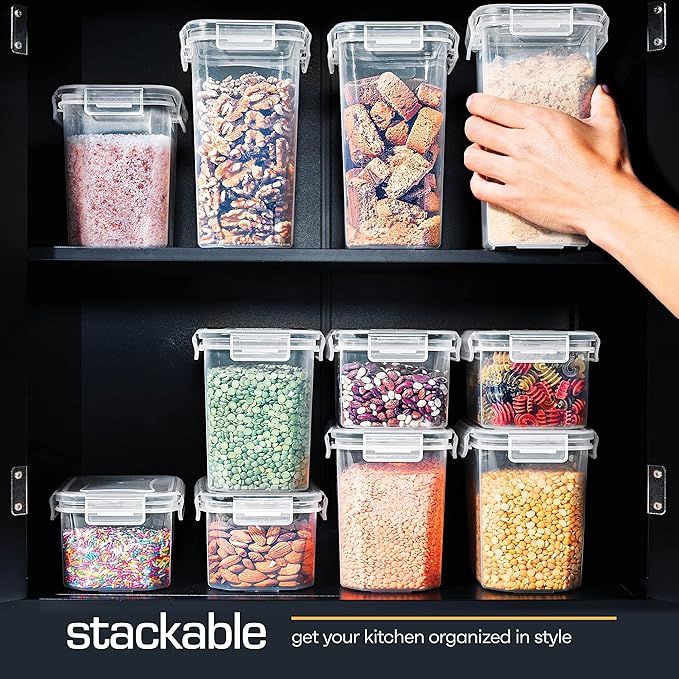 14 PCS Airtight Food Storage Containers with Lids set, BPA Free Leak-proof Kitchen and Pantry Organization Canisters for Cereal, Pasta, Dry Food, Flour Sugar, Stackable, Free Label, Marker, Scoop