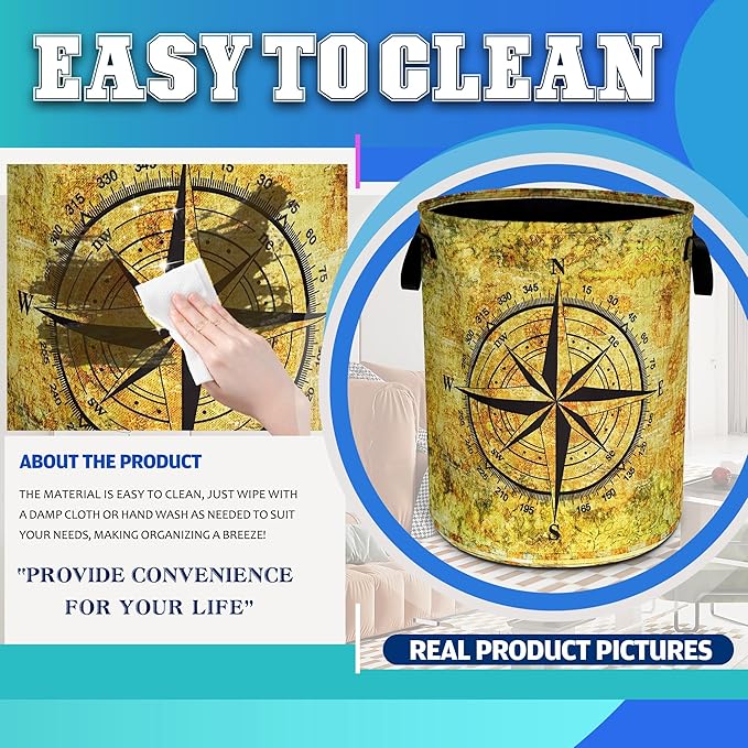 Compass Laundry Basket Oxford Cloth Funny Adventure Laundry Hamper With Handle Foldable Portable Clothes Storage Basket 18.9 X 16.5 In Storage Bag For Laundry Room/Bathroom/Bedroom/Dormitories
