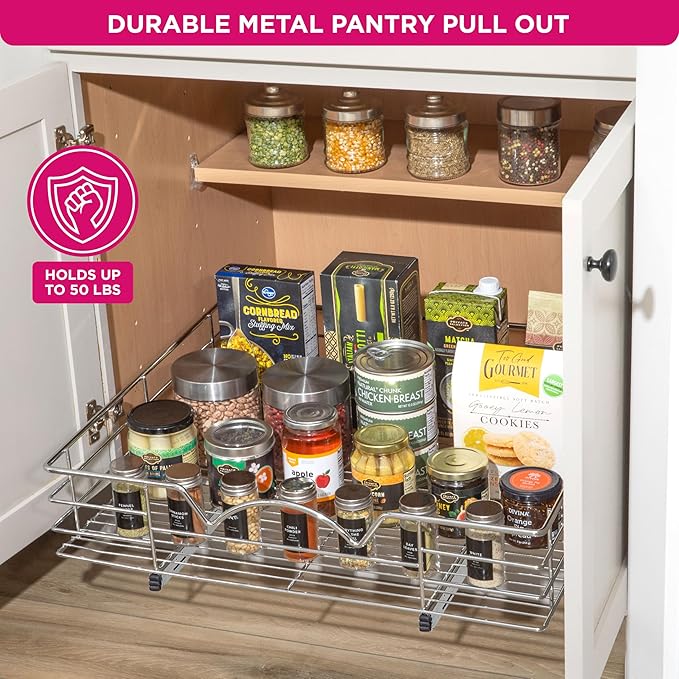 HOLDN’ STORAGE Heavy-Duty Premium Collection Pull Out Cabinet Organizer, Cabinet Drawer Slide Outs, Lifetime Limited Warranty - Basket Size 30" W x 21" D x 5" H, Anti-Rust Chrome Finish