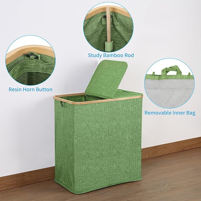 efluky Laundry Hamper with Lid, Double Laundry Hamper with 2 Removable Bags, 2 Section Laundry Basket with Bamboo Handles for Bathroom, Bedroom & Laundry Room,140L Green
