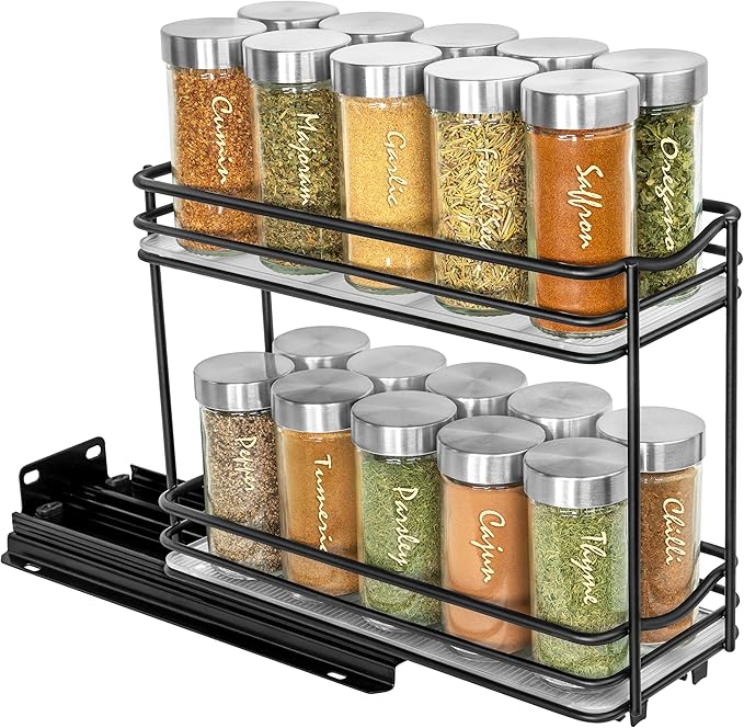 LYNK PROFESSIONAL® Pull Out Spice Rack Organizer for Inside Kitchen Cabinets - 4-3/8 inch Wide - Slide Out Drawer – Black Sliding Spice Organization for cabinet - Spice Racks - 2 Tier