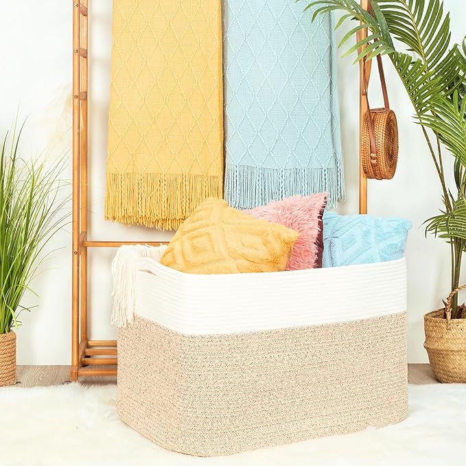 MINTWOOD Design 112L Extra Large Blanket Basket Holder Living Room, 25"x17"x16" Rectangle Rope Woven Storage Basket with Handles for Laundry, Pool Towels, Shoes, Dog Toy Organizer Bin Box, Light Brown