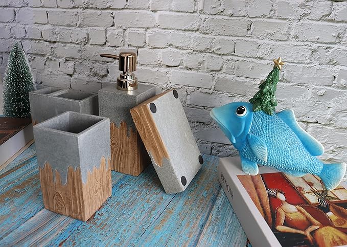 Hymmah Bathroom Accessories Set,Wooden Design Toothbrush Holder,Farmhouse Bathroom Decor,4 Pcs Resin Gift Set Apartment Necessities, Contain Toothbrush Cup,Soap Dispenser,Soap Dish,Tumbler