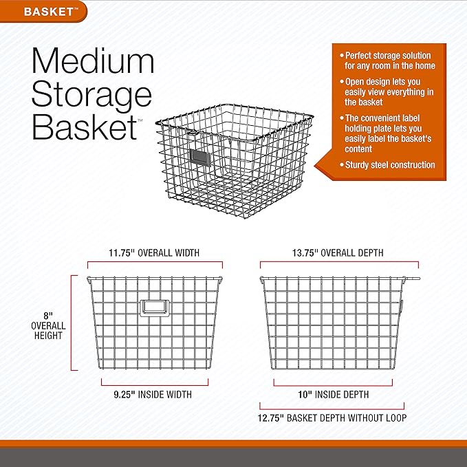 Spectrum Medium Wire Basket with Label Plate Satin Nickel Storage Basket Bin Organizer for Kitchen Pantry Cabinet, Sturdy Steel Heavy Duty Kitchen Wire Basket Storage Bins for Pantry Organization