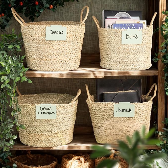 Hygge & Sage: Metal Non-Slip Basket Labels Clip On for Storage Bins, or Wire Racks | Includes 8 Labels, 8 Non-Slip Pads, and 2 Free Markers (Sage Green)