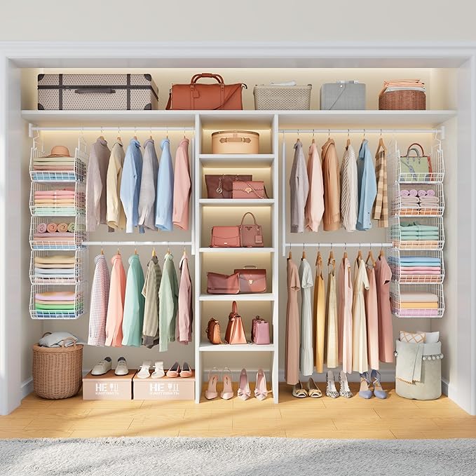 5 Tier Extended Depth Kids Hanging Closet Organizer with Adjustable Width and Height Hanging Rod, Storage Shelves for Sweaters Towels Handbags, Stackable Metal Bins for Closet, Laundry, Dorm, White