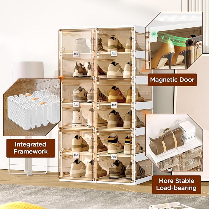 ANTBOX Foldable Shoe Rack,Shoe Organizers for Closet Plastic Shoe Storage Box for Entryway,Living Room,Large Sturdy Stackable Sneaker Cabinet Bins with Magnetic Clear Door 8 Tiers 16 Pairs