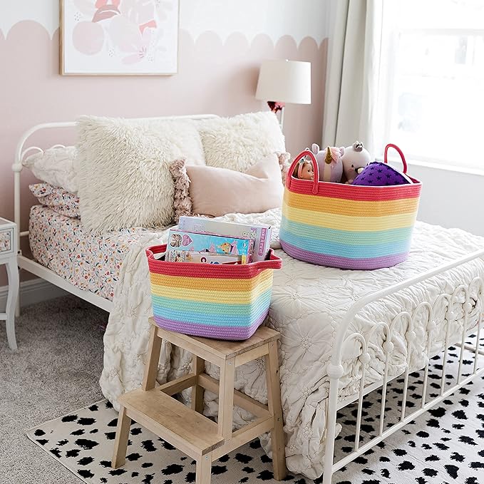OrganiHaus Rainbow Blanket Basket for Classroom & Nursery, Extra Large Woven Laundry Basket W/Handles, Kids Toy Organizer & Storage, Soft Round Dog Toy Storage Bin, Cute Bin - 20"x13" in