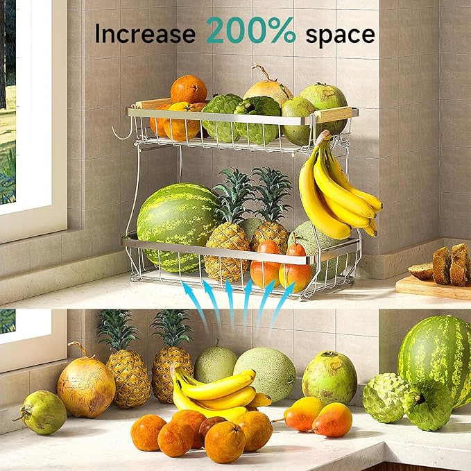2 Tier Large Fruit Basket for Kitchen Counter with 2 Mobile Banana Hangers, 2026 Pro Detachable Metal Fruit Bowl with Wooden Handle (Silver, 2 Tier)