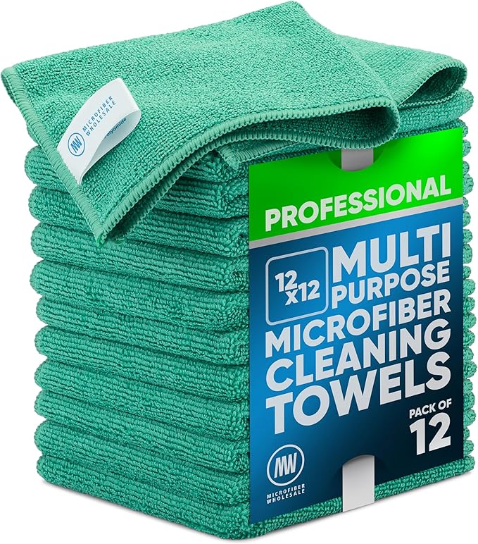 MW PRO Microfiber Cleaning Cloths (12 Pack, 12"x12", Green) - Commercial Grade Housekeeping Towels & Janitorial Rags - Lint Free & Streak Free for Windows, Glass & Auto Detailing - Washable 300+ Times