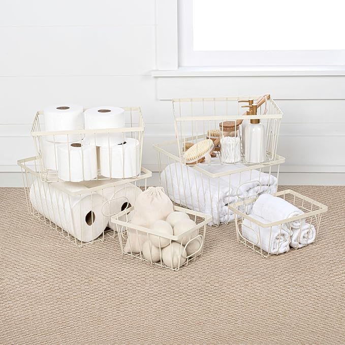 happimess BSK3001C-6SET Camden Vintage Industrial Wire Metal Nesting Storage Baskets for Shelves, Cabinets, Pantry, Countertop, Mesh Open Bin Basket for Organizing Supplies, Almond (Set of 6)