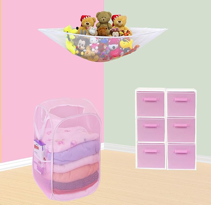 Simple Houseware Mesh Pop-Up Laundry Hamper Basket With Side Pocket, Pink - 2 Pack
