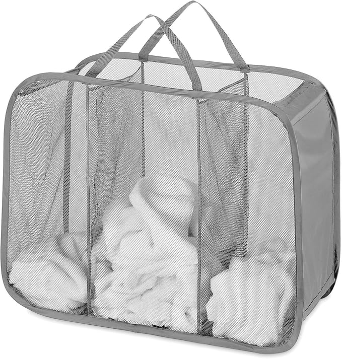 Whitmor Mesh Popup Laundry Hamper 3 Compartment Sortable Horizontal Collapsible Laundry Basket for Clothes Laundry Room Bedroom