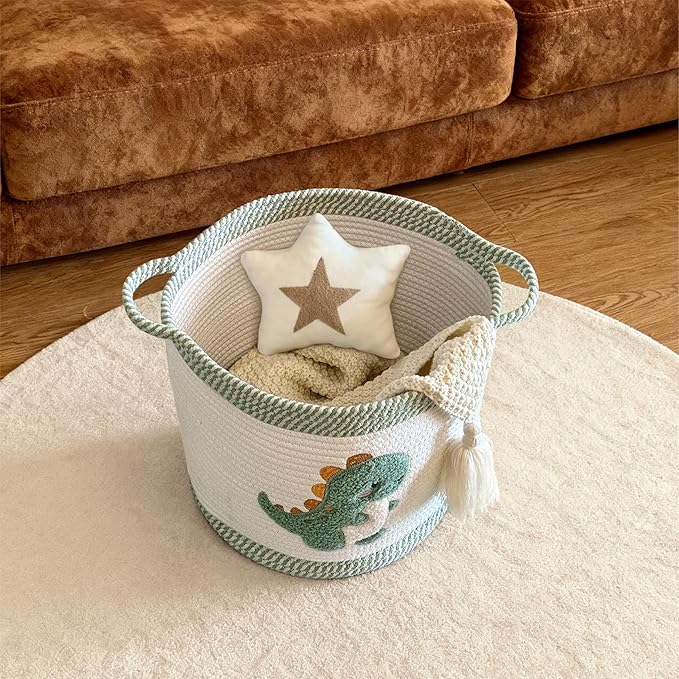 Toy Storage Basket(12"x12"), blanket basket, Cotton Rope Woven Laundry Hamper with Cute Embroidered Dinosaur for Nursery, Living Room, Laundry (Dinosaur)