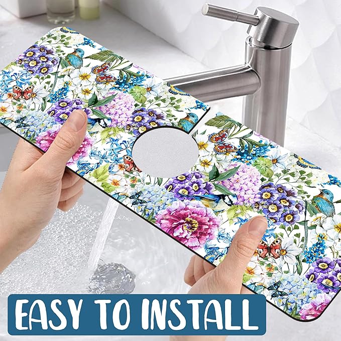 Beautiful Floral Kitchen Sink Splash Guard Faucet Mat Flower Bird Butterfly Super Absorbent Fast Drying Mat Sink Splash Guard Behind Faucet for Kitchen Bathroom, 15.5"x5.5"