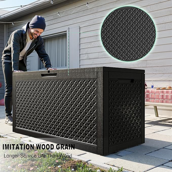 New 100 Gallon Outdoor Storage Box, Resin Deck Boxes Waterproof, Indoor Outdoor Bin for Package Delivery, Patio Cushions, Gardening Tools, Lockable, UV Resistant