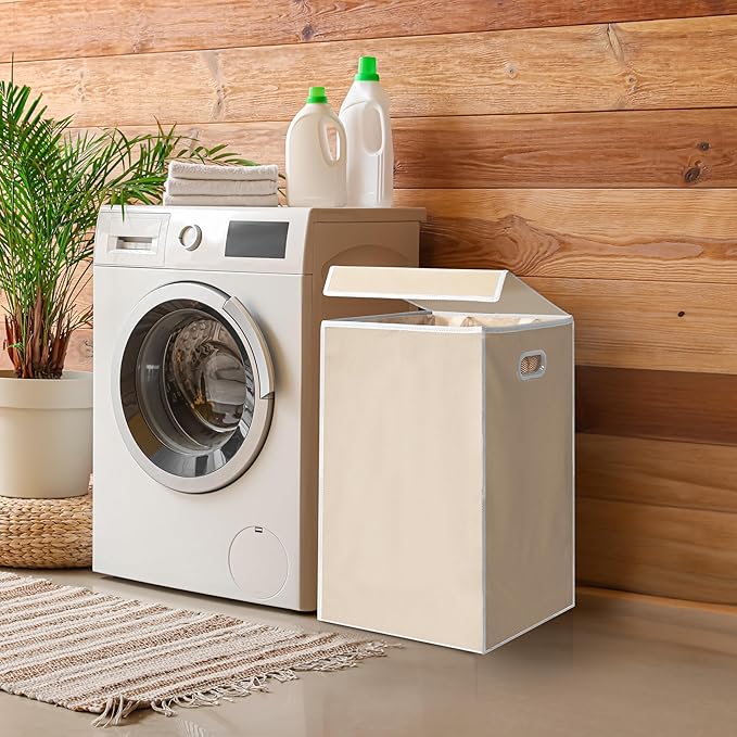 Simple Houseware Foldable Laundry Hamper Basket with Lid, Beige