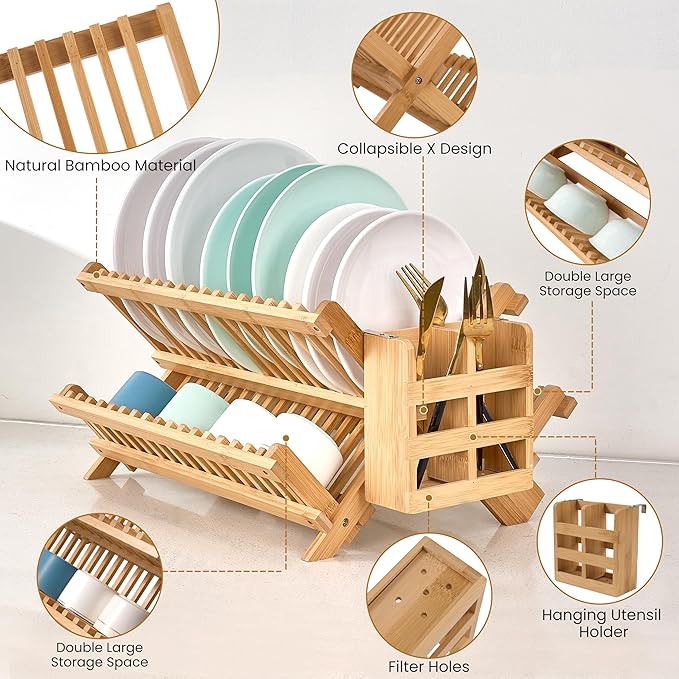 Bmaboo Dish Drying Rack for Kitchen Counter 3-Tier Collapsible Wooden Dish Drying Rack with Utensil Holder Dish Drainer Large Folding Dish Rack with Utensils Flatware Holder 51 pcs Grid