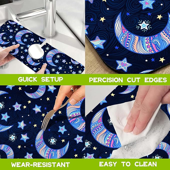 Kitchen Sink Splash Guard Faucet Mat Super Absorbent Fast Drying Mat Guard Behind Faucet Drip Catcher for Kitchen Bathroom (Blue Stars Crescent Moon, 23.5"X5.5")