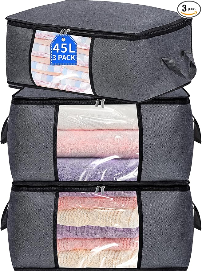 3 Pack Storage Bags, 45L Foldable Clothes Storage Bins with Lids, Closet Organizers Blanket Storage Bags with Zippers Clear Window Sturdy Handles for Clothing Bedding Comforter Sweater Pillows (Gray)