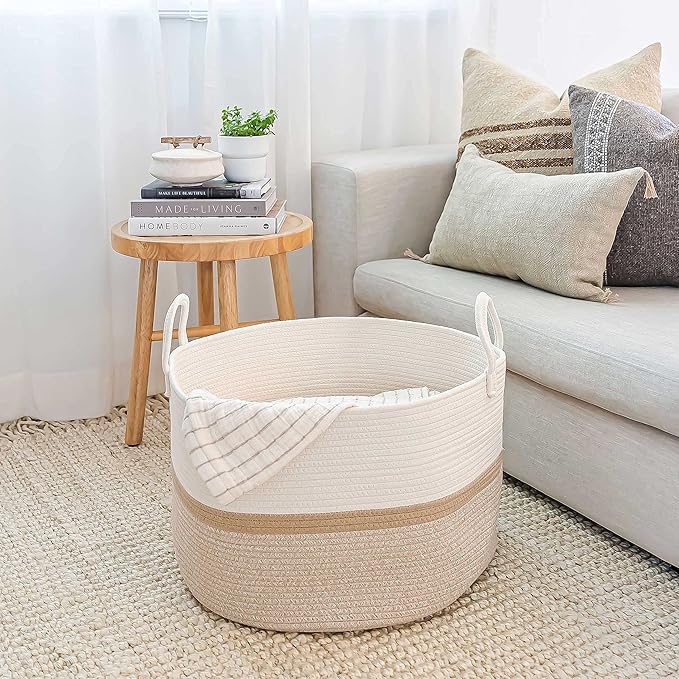 OrganiHaus Large Woven Storage Basket for Blankets and Toys 20" x 13" Inch, Rope Laundry Basket with Handles, Cushions & Pillows Storage Bin, Nursery Hamper, Soft Round Dog Toy Bin - Honey Stripe