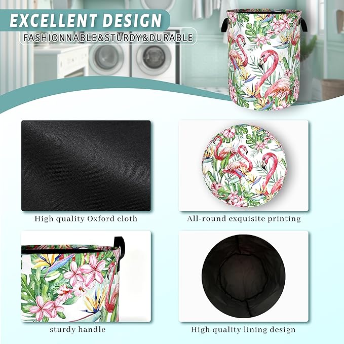 Pink Flamingo Laundry Basket Tropical Leaves Pink Floral Hamper Foldable Oxford Cloth Birds Colorful Tote Bag Clothes Toy Storage Bucket For Bathroom/Laundry Storage/Bedroom 18.9 x 16.5 Inch