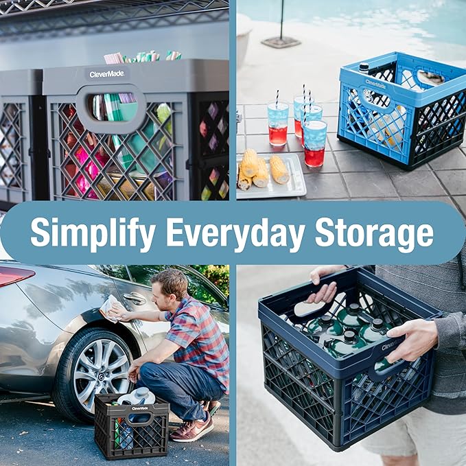 CleverMade Collapsible Milk Crate, Black, 3PK - 25L (6 Gal) Stackable Storage Bins, Holds 50lbs Per Bin - Clevercrates are Heavy Duty, Plastic Collapsible Storage Crate for Multi Purposes