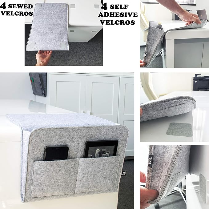 Lib Bedside Caddy, Original Design | Large Size 9.5" x 13.5" | Laptop Holder | 100% Handmade | College Room, Kids Bunk Bed, Hospital Bed | Night Hanging Storage Organizer (Light Gray)