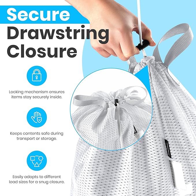 Large Mesh Laundry Bags - 2-Pack Heavy Duty with Handles & Drawstring - Machine Washable Net Laundry Sacks for College Dorm, Camp, Travel, Bedding & Clothes Storage (White)