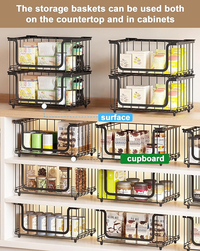 UMDONX 4 Pack Stackable Wire Baskets Storage Bins for Fruits, Vegetables, Potatoes & Onions | Pantry, Countertop, Laundry Organizer | Heavy Duty & Space Saving Black