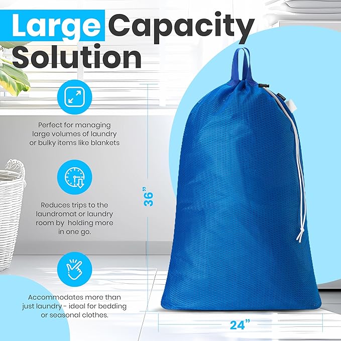 Large Mesh Laundry Bags - 2-Pack Heavy Duty with Handles & Drawstring - Machine Washable Net Laundry Sacks for College Dorm, Camp, Travel, Bedding & Clothes Storage (Blue)