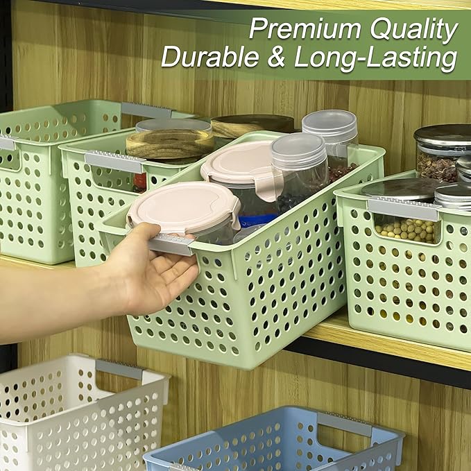 Soddeph 4 Pack Plastic Storage Basket with Handles, Small Deep Organizer Bin with Hollow Design for Under Counter, Shelf, Closet, Kitchen or Bathroom (Green, Small)