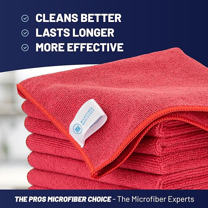 MW PRO Microfiber Cleaning Cloths Red (12 Pack, 12x12) - Commercial Janitorial Towels & Lint Free Rags - Heavy Duty for Auto Detailing, Glass Windows, Housekeeping & Screens - Washable 300+ Times