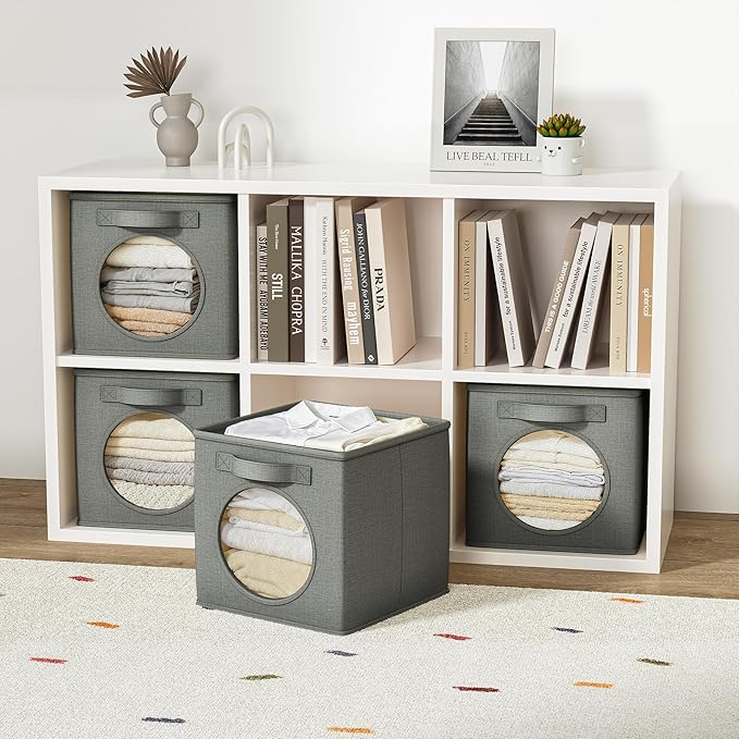 Vailando Foldable Fabric Storage Cube with Round Window - 4 Pack 13"x13"x13" Collapsible Closet Organizer Bins for Clothes, Shelves, Offices, Toys & Misc, Dark Gray