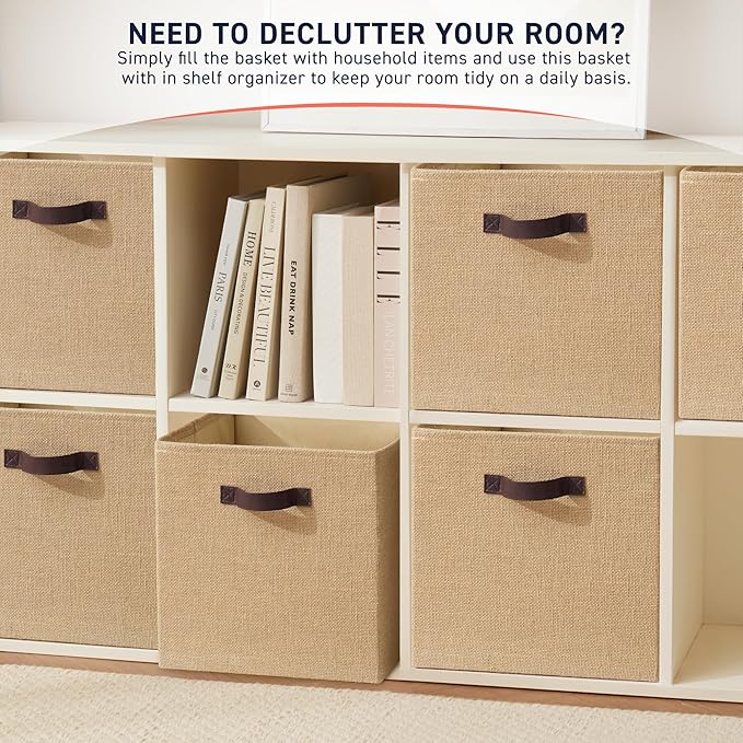 Ornavo Home 13 x 13 Storage Cube Bins, 6 Pack Jute Baskets, Fabric Storage Bins Shelf Basket Cube Organizer for Closet Foldable Collapsible with Leather Handles
