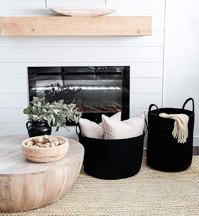 OrganiHaus Large Black Woven Laundry Basket w/Handles 52L, Rope Dirty Clothes Hamper, Blanket Basket for Living Room, Baby Laundry Hamper for Nursery, Soft & Durable Decorative Organizer Bin