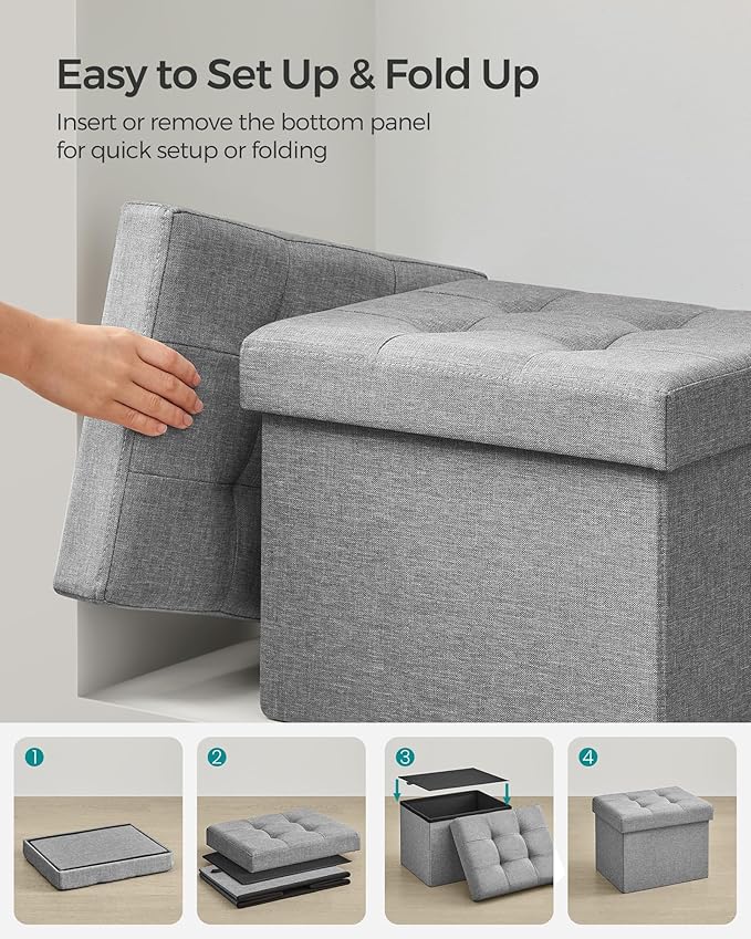 SONGMICS Mazie Collection - Small Folding Storage Ottoman, Foot Rest Stool, 12.2 x 16.1 x 12.2 Inches, 286 lb Load Capacity, for Living Room, Bedroom, Home Office, Dorm, Light Gray ULSF102G02