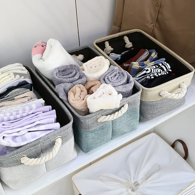 Sea Team 3-Pack Small Storage Basket Set, Storage Cube Organizer, Storage Bins, 12 x 8 x 5 Inches, Rectangle Canvas Fabric Collapsible Shelf Box with Handles for Kids Room (Grey/Stone Blue)