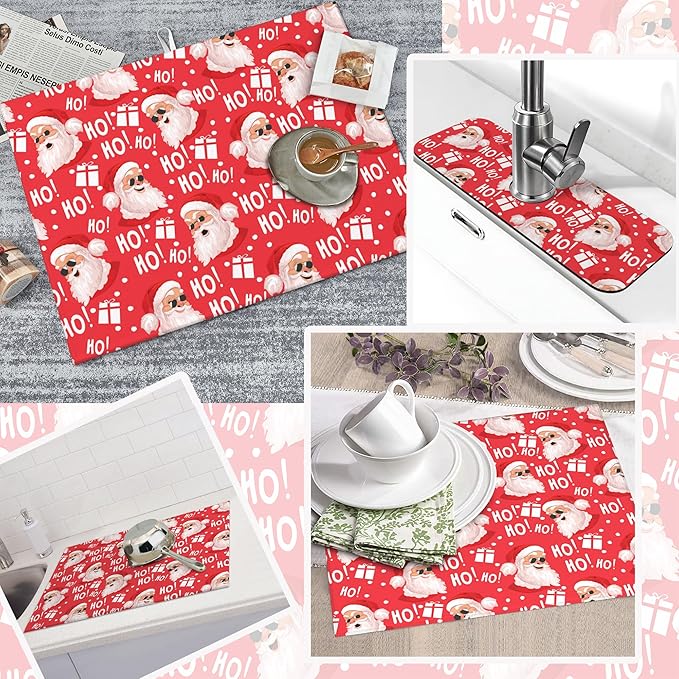 3Pcs Funny Christmas Santa Claus Face Dish Drying Mat & Kitchen Sink Splash Guard Faucet Mat For Kitchen Counter Absorbent Microfiber Dishes Pad Dish Drainer Rack Mats Fast Dry Kitchen Accessories