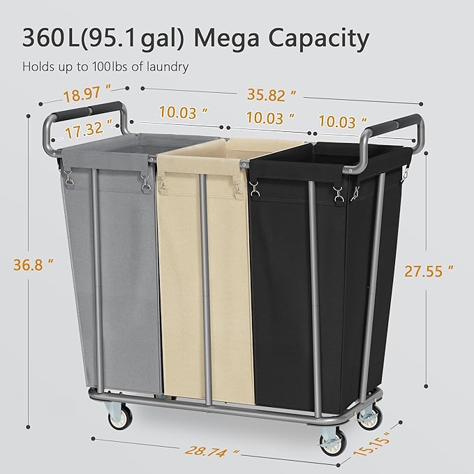 Large laundry hamper with Wheels, 360L 3 Bag Big Rolling Laundry Hamper Sorter Cart, Extra Large Laundry Clothes Hamper, Heavy Duty Laundry Basket Organizer for Laundry Room,Bathroom,Black