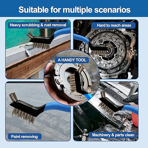 Mini Wire Brush Set 6Pcs - Stainless Steel Wire with Curved Handle Grip for Rust, Dirt & Paint Scrubbing with Deep Cleaning