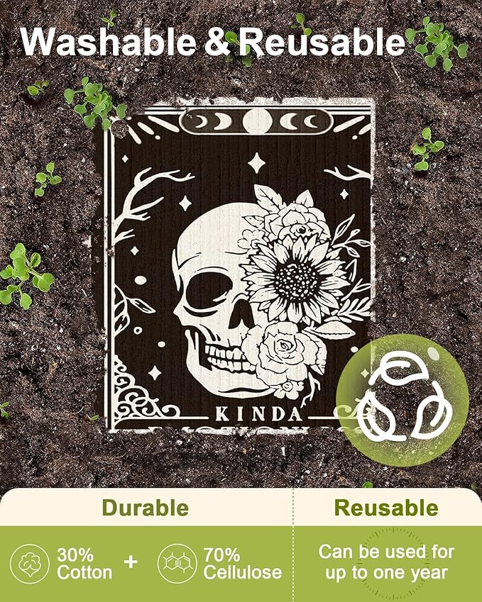8 Pack Reusable Kitchen Dishcloths - Absorbent, Fast Drying, Washable Swedish Towels with Cute Black Skull Design