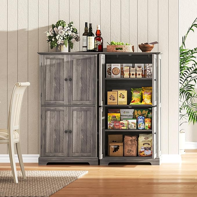 ChooChoo Bathroom Floor Cabinet, Farmhouse Bathroom Storage Cabinet with 4 Doors and Adjustable Shelves, Pantry Cabinet for Living Room, Kitchen, Retro Grey