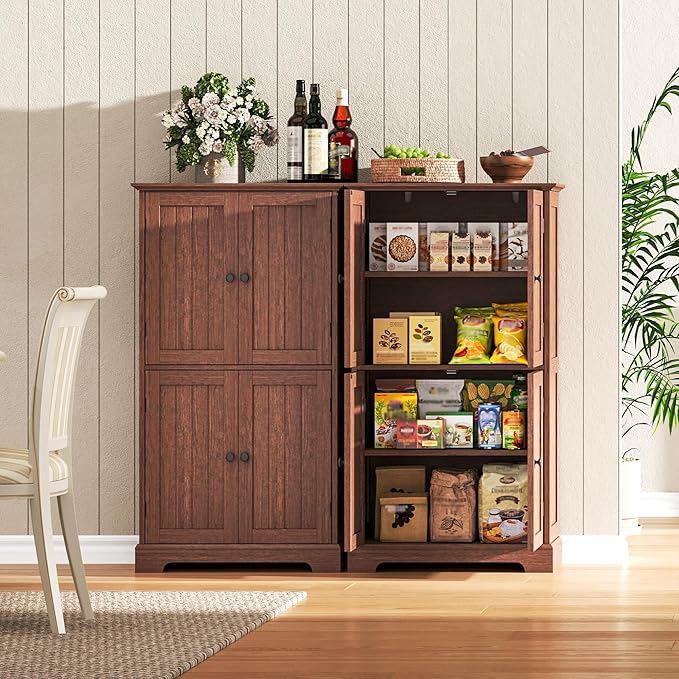 ChooChoo Bathroom Floor Cabinet, Farmhouse Bathroom Storage Cabinet with 4 Doors and Adjustable Shelves, Pantry Cabinet for Living Room, Kitchen, Walnut