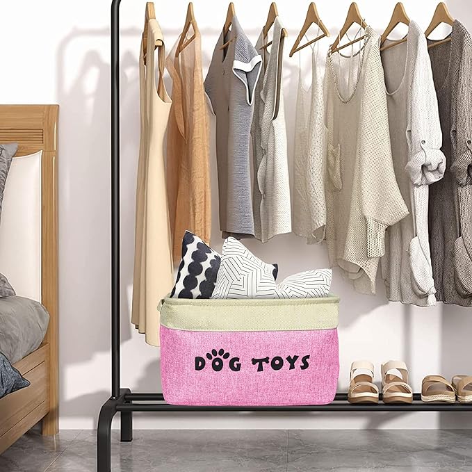 PET ARTIST Dog Toy Basket, Collapsible Dog Toy Bin Box with Comfortable Handles, Large Pet Toy Storage Organizer for Accessories, Toys, Coat & Clothing, Blanket & Leash, Pink, 15"x11"x9"