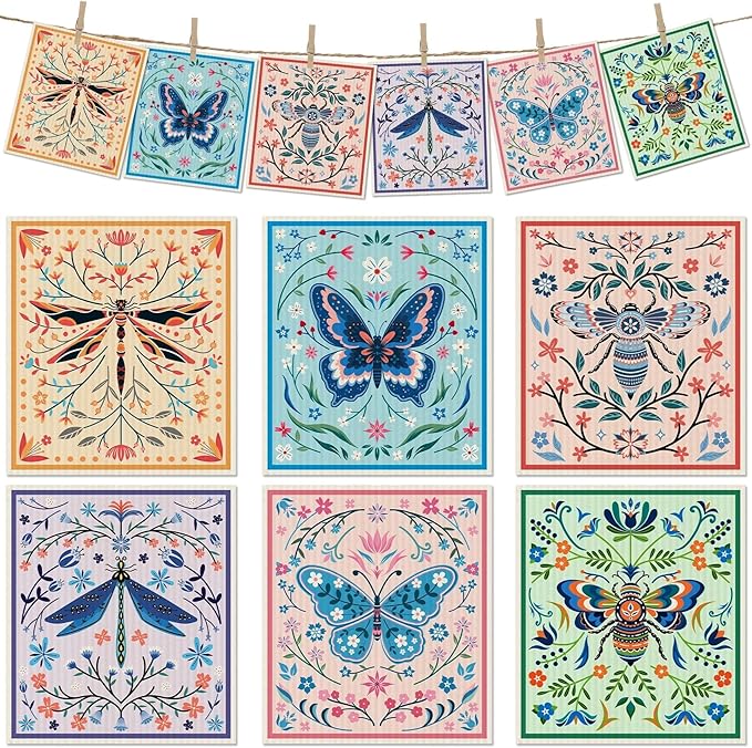 6 Packs Swedish Paper Cloths for Kitchen, Reusable Paper Towels Washable Dish Rags, Highly Absorbent Kitchen Towels Quick Drying Swedish Sponge Cleaning Dish Cloths (Insects Floral)