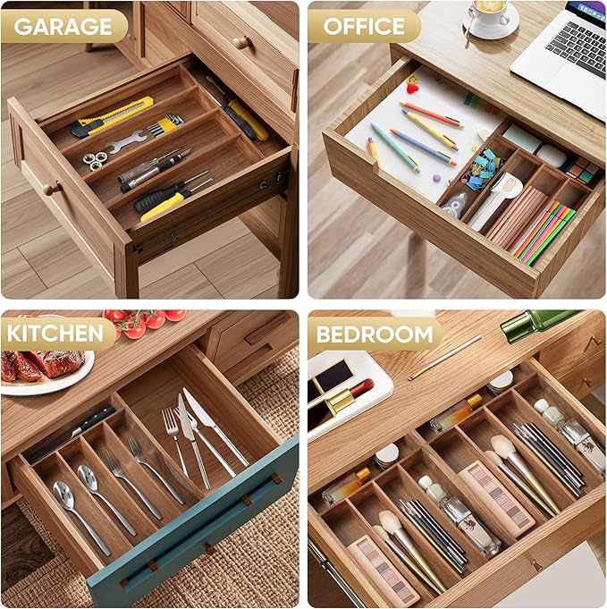 Silverware Organizer, 2 Pack 10 Inch Utensil Organizer Kitchen Drawer Organizer Acacia Silverware Holder Cutlery Tray Organizer in Drawer Flatware Organizer Tray(5 slots, Acacia）